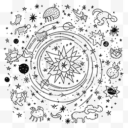 符号和行星轮廓草图的黑白绘图 