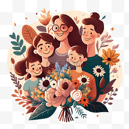妈妈抱宝宝图片_卡通花卉植物叶子插画母亲节节日