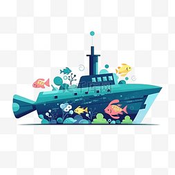 蓝色卡通海底图片_海洋日蓝色海底潜水艇