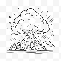 火山插图图片_火山蒸汽和云手绘黑白插图图像插