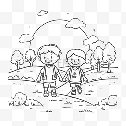 两个孩子在公园里散步着色页轮廓