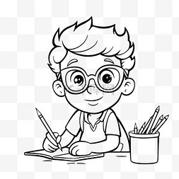 戴眼镜的男孩用铅笔着色页轮廓素