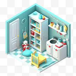 3d房间模型婴儿房蓝白旗格地板图