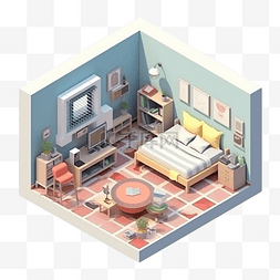 3d房间模型蓝色褐色地板卧室立体