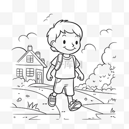 人体器官绘图图片_步行去学校的男孩正在着色页轮廓