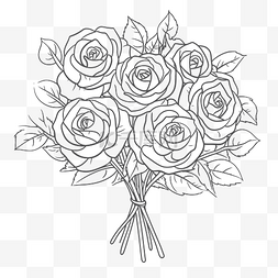 黑白着色页中的一束玫瑰轮廓草图