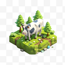奶牛草地森林多边形卡通立体3d模