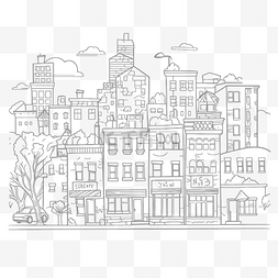 城市素描城市建筑图片_城市与黑白着色页轮廓草图的建筑