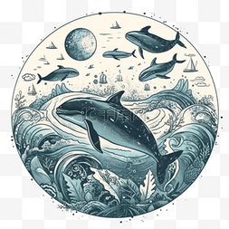 海洋世界蓝色海底图片_海洋海豚蓝色复古插画