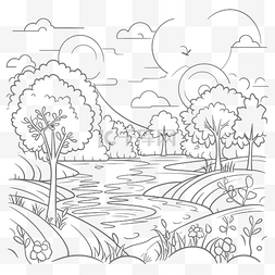 景观着色页与树木和河流轮廓素描