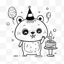 生日线描图片_黑白泰迪熊与生日蛋糕和气球着色