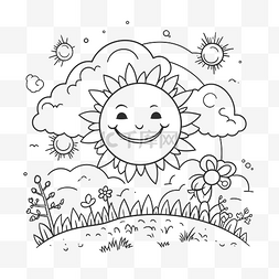 黑白微笑表情图片_太阳着色页与鲜花和云轮廓素描 