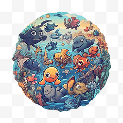 可爱海豚海草图片_海洋日海底世界可爱插画