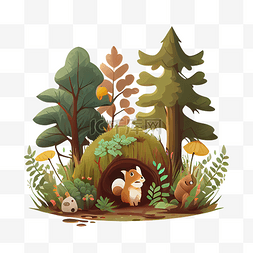 森林插画小动物图片_森林松鼠可爱插画