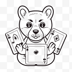 泰迪熊扑克牌孤立的黑白矢量插图