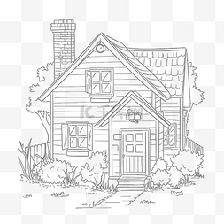 小房子着色页与一些灌木轮廓素描