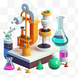 化学实验用品插画图片_化学器材蒸馏瓶量杯培养皿3d卡通