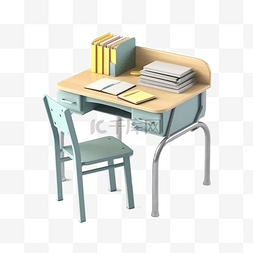 木头桌子图片_书桌椅子书本可爱卡通立体插画