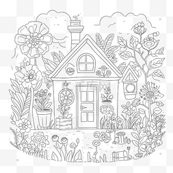 成人着色页花园房子轮廓草图绘图