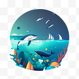 蓝色鲸鱼游泳海洋日插画
