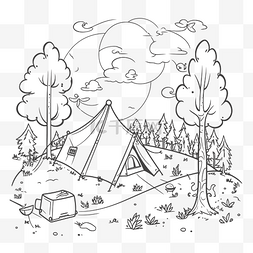 树林素描中营地和帐篷的轮廓图 