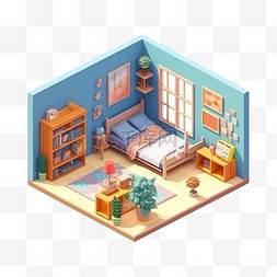 3d房间模型蓝色墙体等距立体