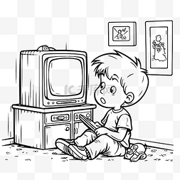 优雅优雅字体图片_可爱的男孩看电视与电视着色页优