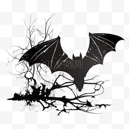 蝙蝠树枝剪影恐怖插画
