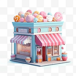 甜品店小屋蓝色可爱卡通立体插画