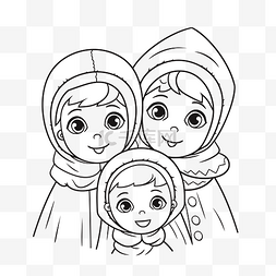 母亲和她的两个女儿在画轮廓草图