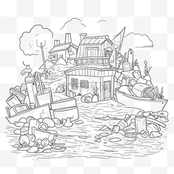 岸上的房子着色页与船轮廓素描 