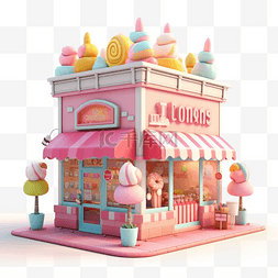建筑立体插画图片_甜品店粉色可爱卡通立体插画