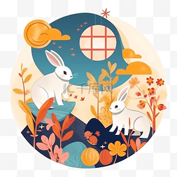 中秋节玉兔赏月扁平