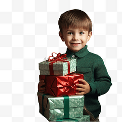 小男孩站在圣诞树旁，手里拿着圣