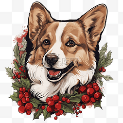 手绘柯基犬肖像与圣诞花矢量