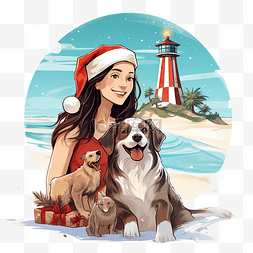 比基尼沙滩派对图片_女孩和她的宠物狗在海边度过圣诞