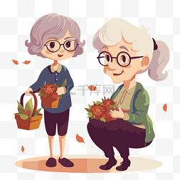 春天的花朵矢量图片_奶奶和孙女剪贴画两个妇女在秋天