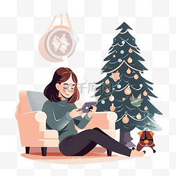 女性手部图片_在装饰室内的圣诞树附近使用电话