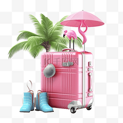 夏季旅行与粉红色手提箱太阳镜冲