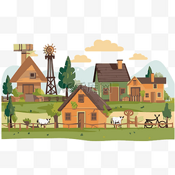 乡村剪贴画古老的村庄与农舍和设