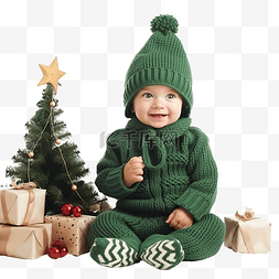坐着的婴儿图片_穿着针织套装戴着帽子的婴儿坐在