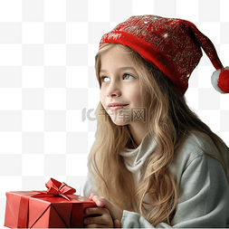 美女模特图片_戴着圣诞帽窗边有礼盒的女孩特写