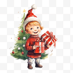 拿着礼物的男生图片_戴着圣诞老人帽子的小男孩站在圣