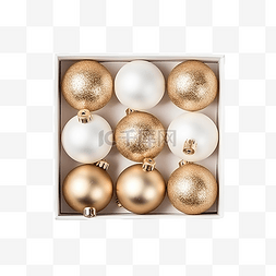 圣诞节白金图片_白色表面有金色圣诞装饰球的盒子