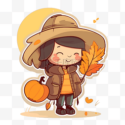 秋天图片_可爱的秋天女孩在叶子上戴着帽子