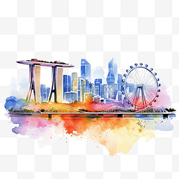 新加坡城市景观天际线彩色水彩风
