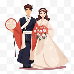 传统新郎新娘图片_穿着传统婚纱的韩国新娘和新郎举