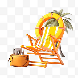 3d 夏季旅行与黄色手提箱沙滩椅棕