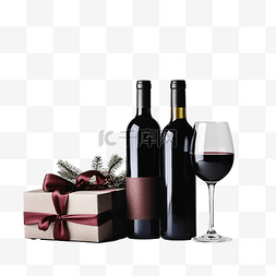 一瓶红酒和玻璃杯，墙上有圣诞礼