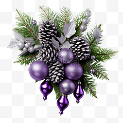 紫色的雪花图片_圣诞绿化，配有银色闪光锥体和紫